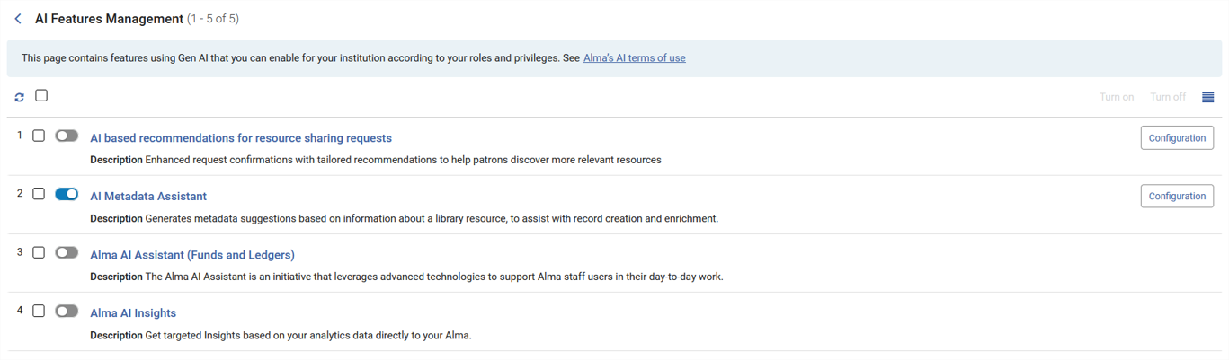 The AI Features Management page